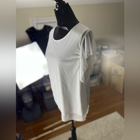 Women’s Large Liz Mccoy White Ruffle Short Sleeve Top - Picture 6 of 10